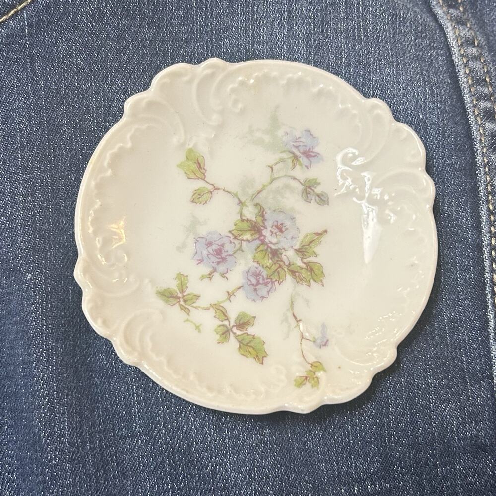 Antique Butter Pat Haviland 3 1/4 inches White with Blue Flowers